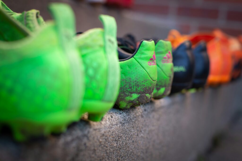 Used football boots lined up